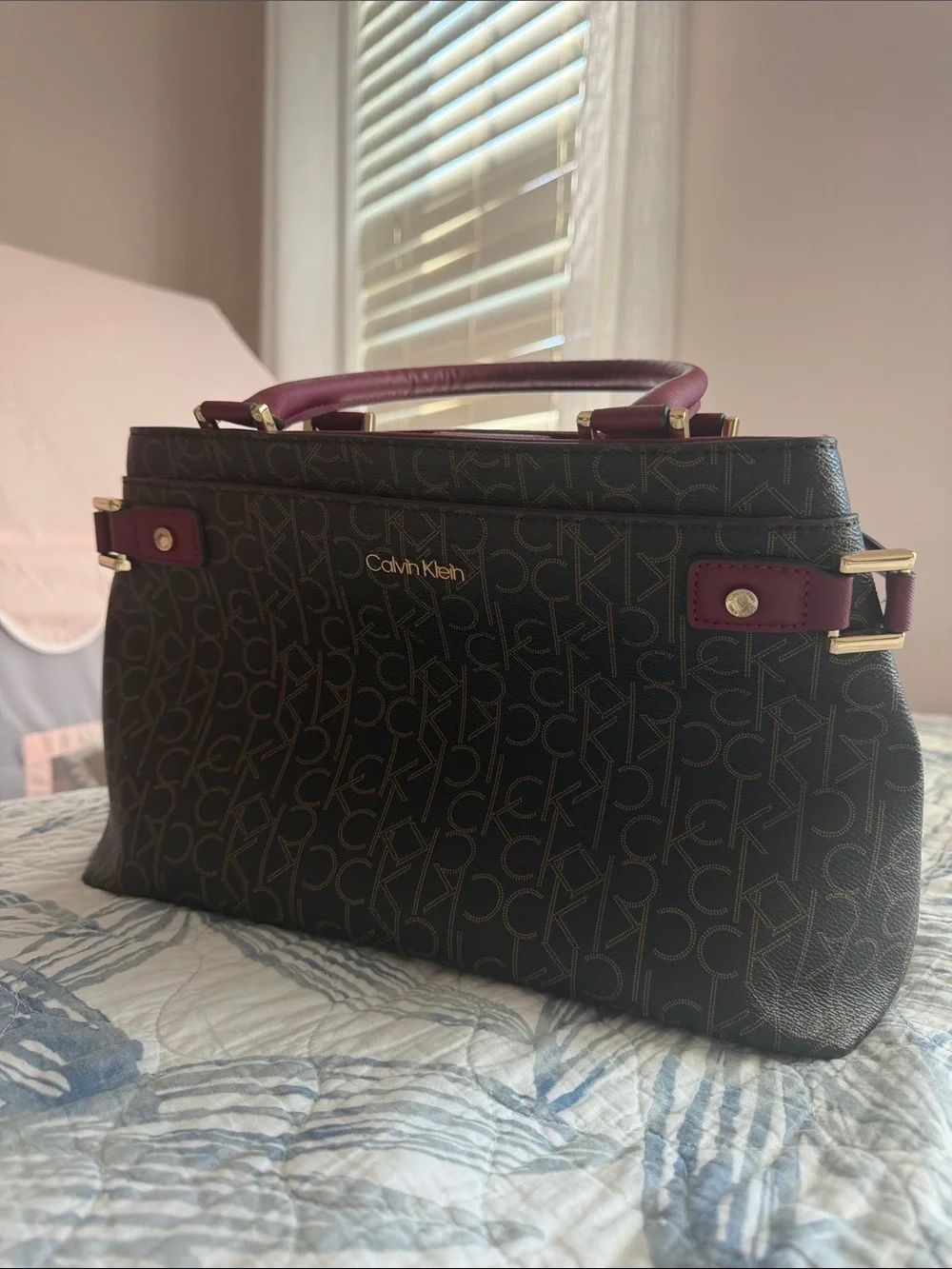 Calvin Klein Black Logo Satchel with Burgundy Handles and Trim